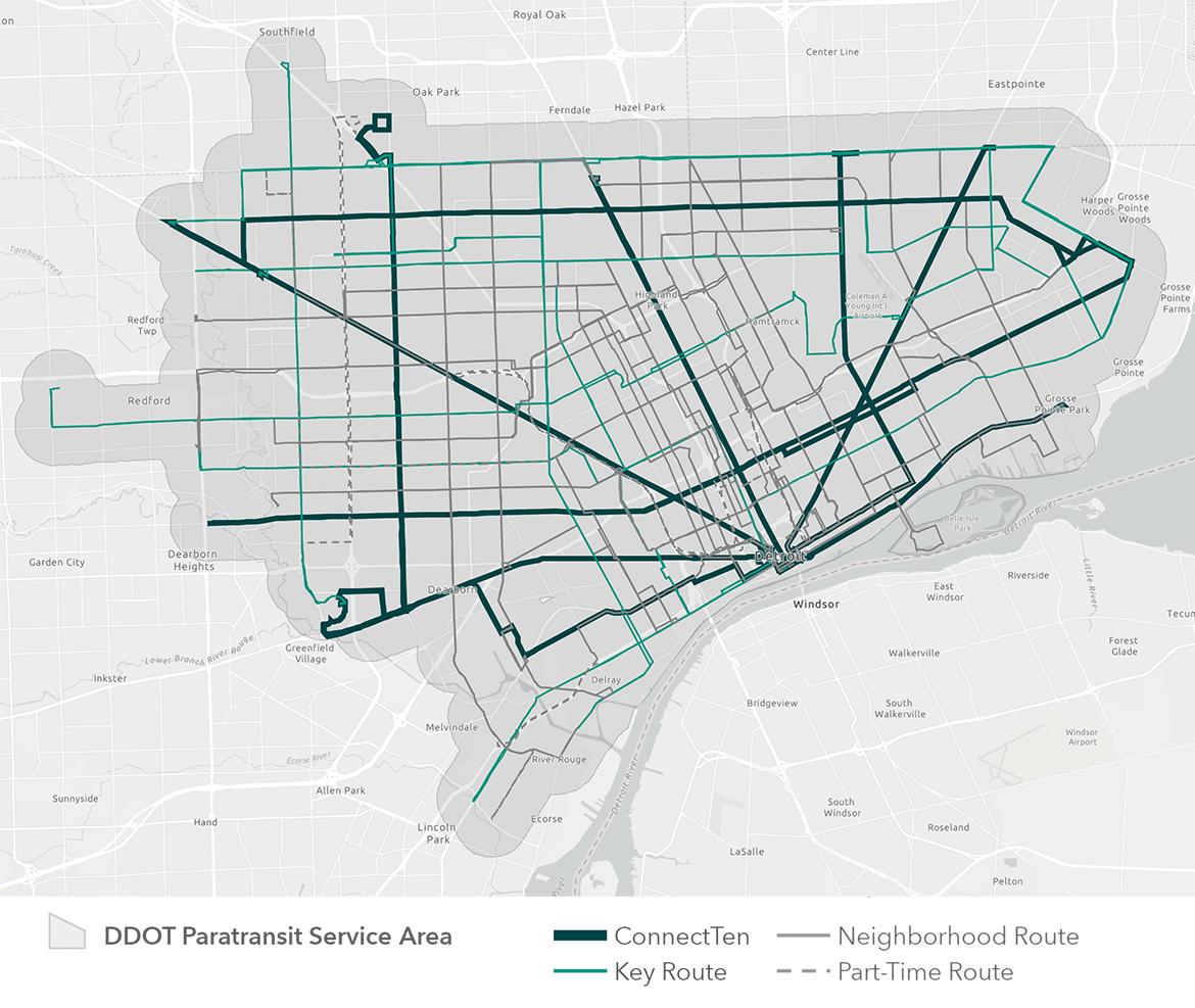 Map highlighting the service area of Detroit MetroLift