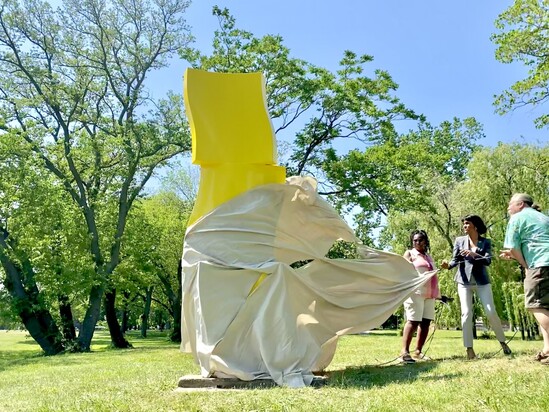 City officials and contributing artist unveils the newly restored "Ascension" sculpture to the public. 